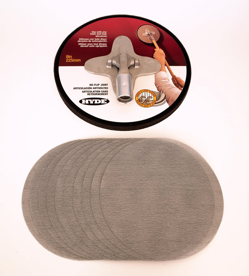 Hyde 9-Inch Radial Sander Kit with 10-Pack Sanding Discs, Sanding Net, 120 Grit - Large Area Pivoting Hinge, Drywall Sanders with Fast Change Hook and Loop, Lightweight - Image 2